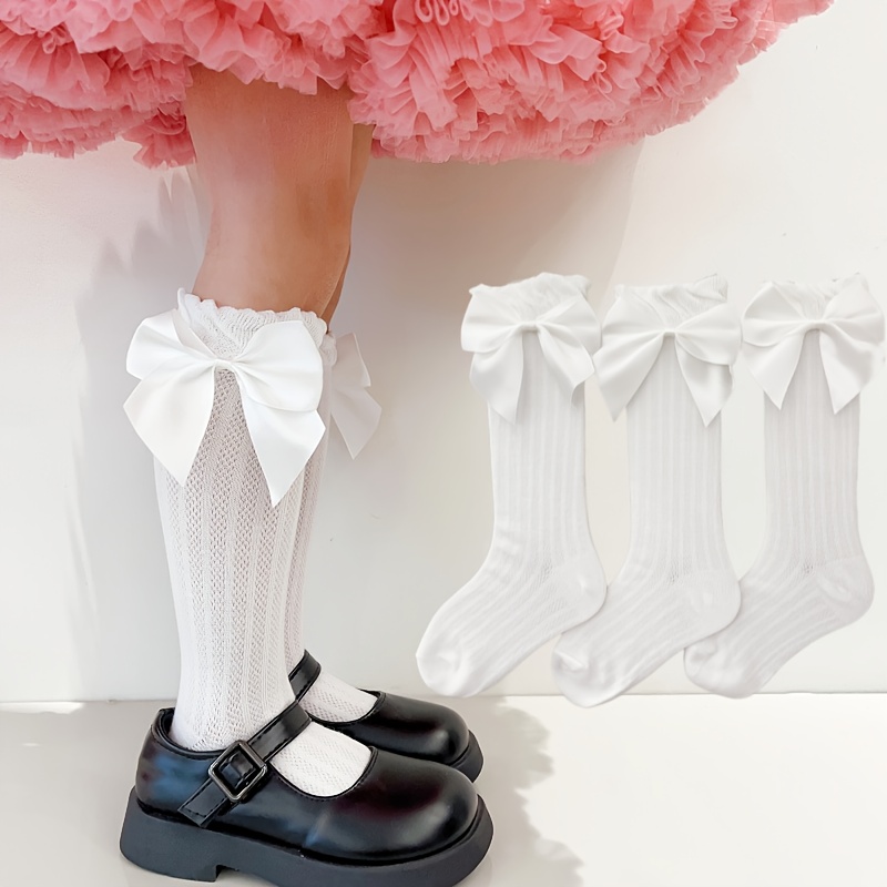3-pair Girls' Spring/summer Mid-calf Socks, Soft, Comfortable, And Breathable Bow Princess Socks, Back-to- White Socks,fall And Winter Clothes