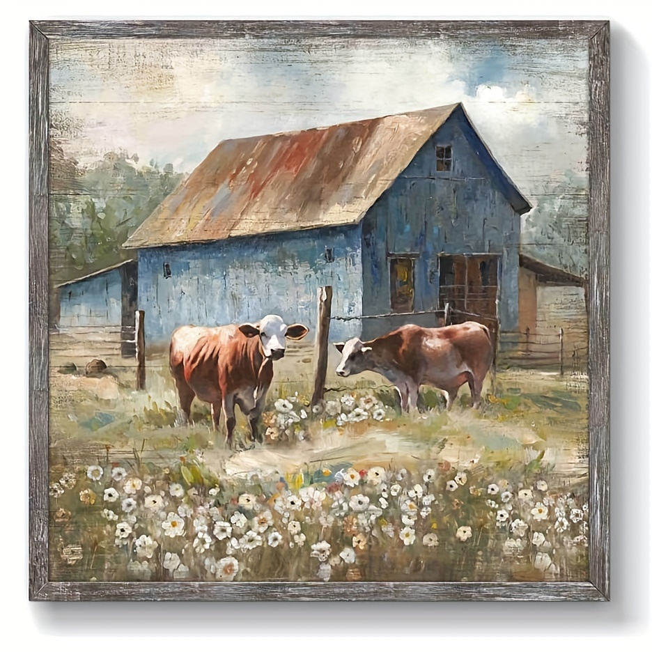 

1pc, Country Cow Canvas Wall Art Poster: Farmhouse Barn Artwork Green Rustic Picture Greenfield Country Living Room Kitchen Office Bedroom Study No Frame 12 X 12 Inches