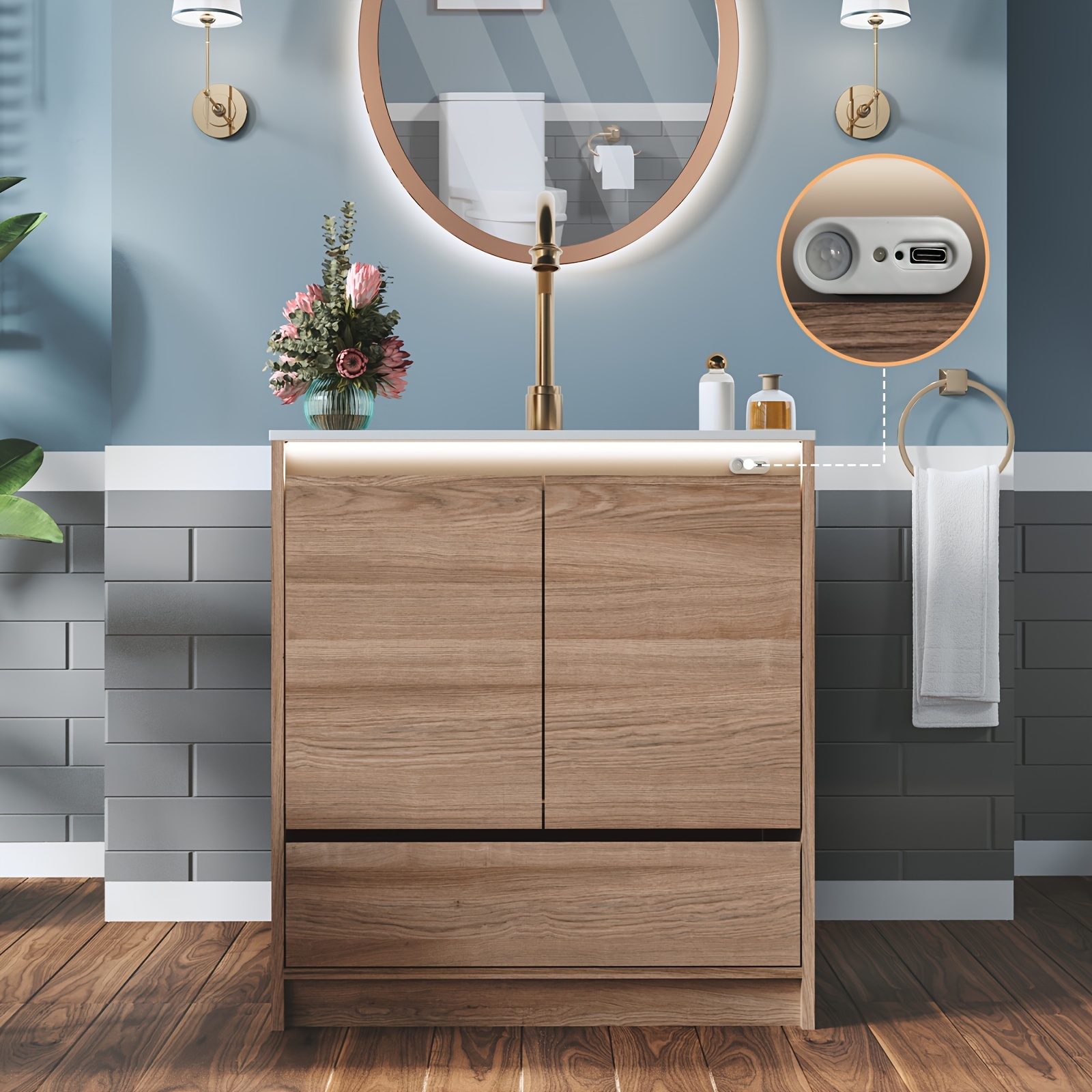 

31" Led Lights Bathroom Vanity With Sink Combo, Motion Sensor Lights Mid-century Modern Small Single Bathroom Cabinet Set, Integrated Sink, Soft Closing Doors & Drawers