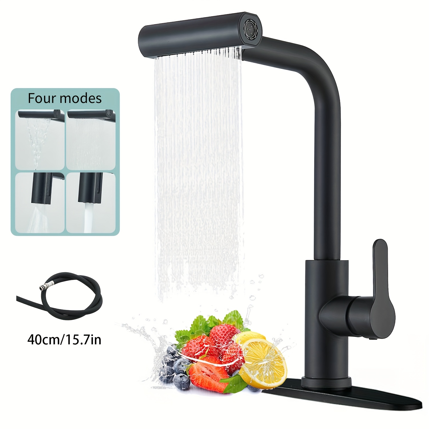 TEMU 1pc 4 Mode Kitchen Faucet, Washbasin Sink Waterfall Basin With Pull-out Function, Matte Black Kitchen Sink Faucet, Hot And Cold Water Faucet,