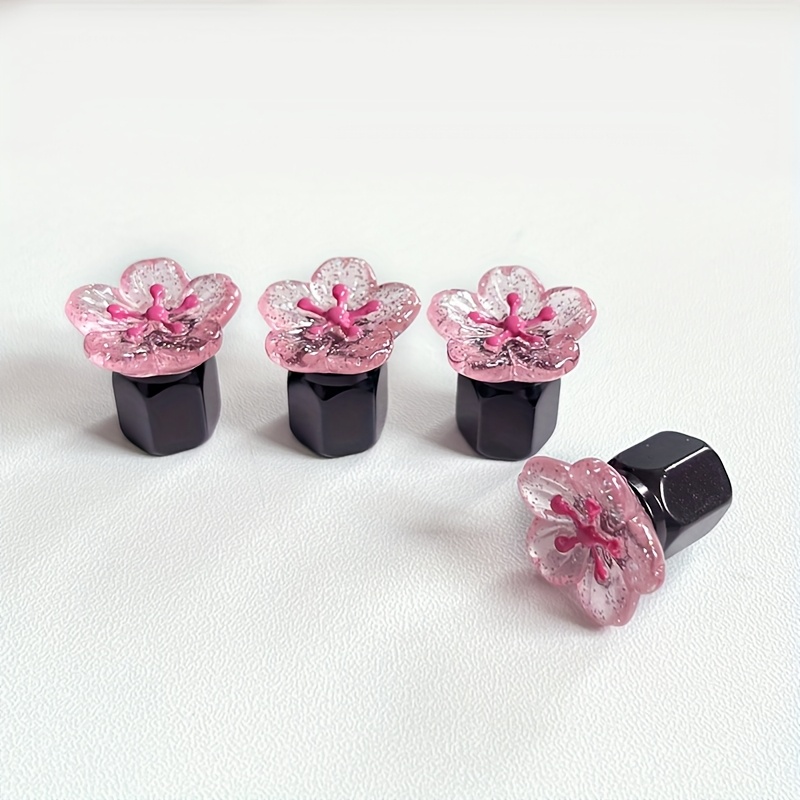 TEMU 4pcs Sparkling Petal Car Tire Valve Caps - Fit For Cars, Bikes, Motorcycles - Durable Aluminum Alloy With Vibrant Colorful - Creative Gift &
