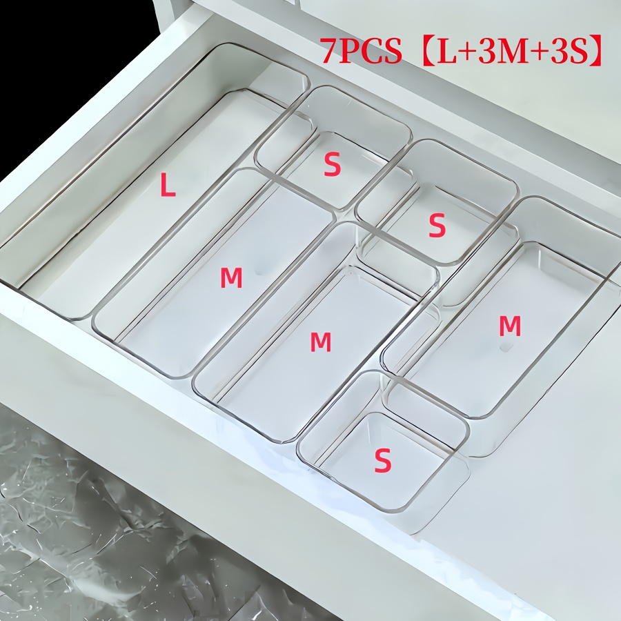 TEMU 7pcs Transparent Acrylic For Cosmetic Storage Boxes, Desktop Drawer Organizer With Built-in Partition, Tabletop Office Stationery Storage,