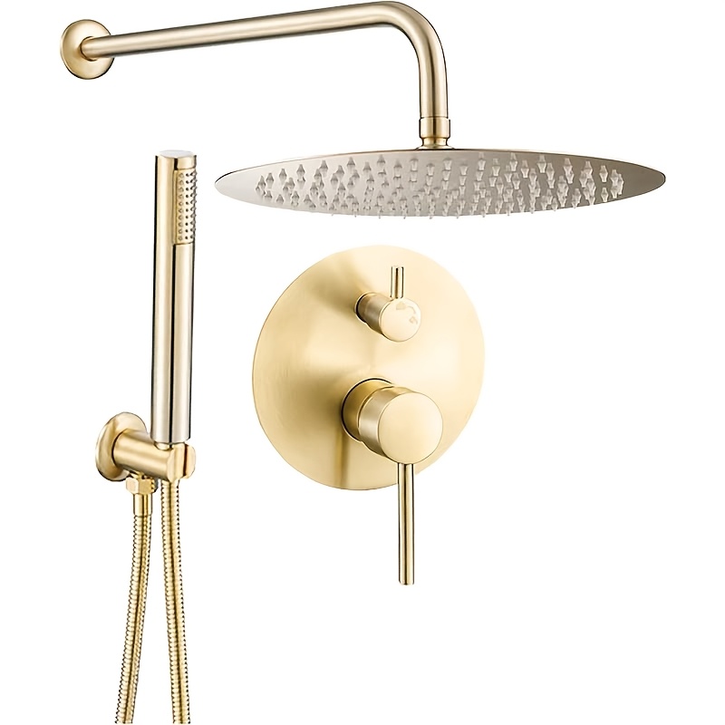 Brushed Golden Shower Inch Round Showerhead Wall Mounted High Pressure Shower Faucet Set Fixture Combo With Cylindrical Handheld Spray, Round Rain Shower Head