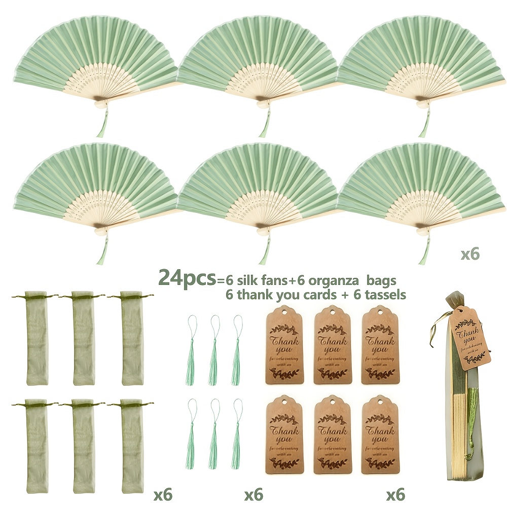 TEMU 24pcs Set Of Fabric Handheld Folding Fans With Thank You Cards And Tassels, Gift Bag Included, Green Wedding Hand Gift, Green Foldable Handheld