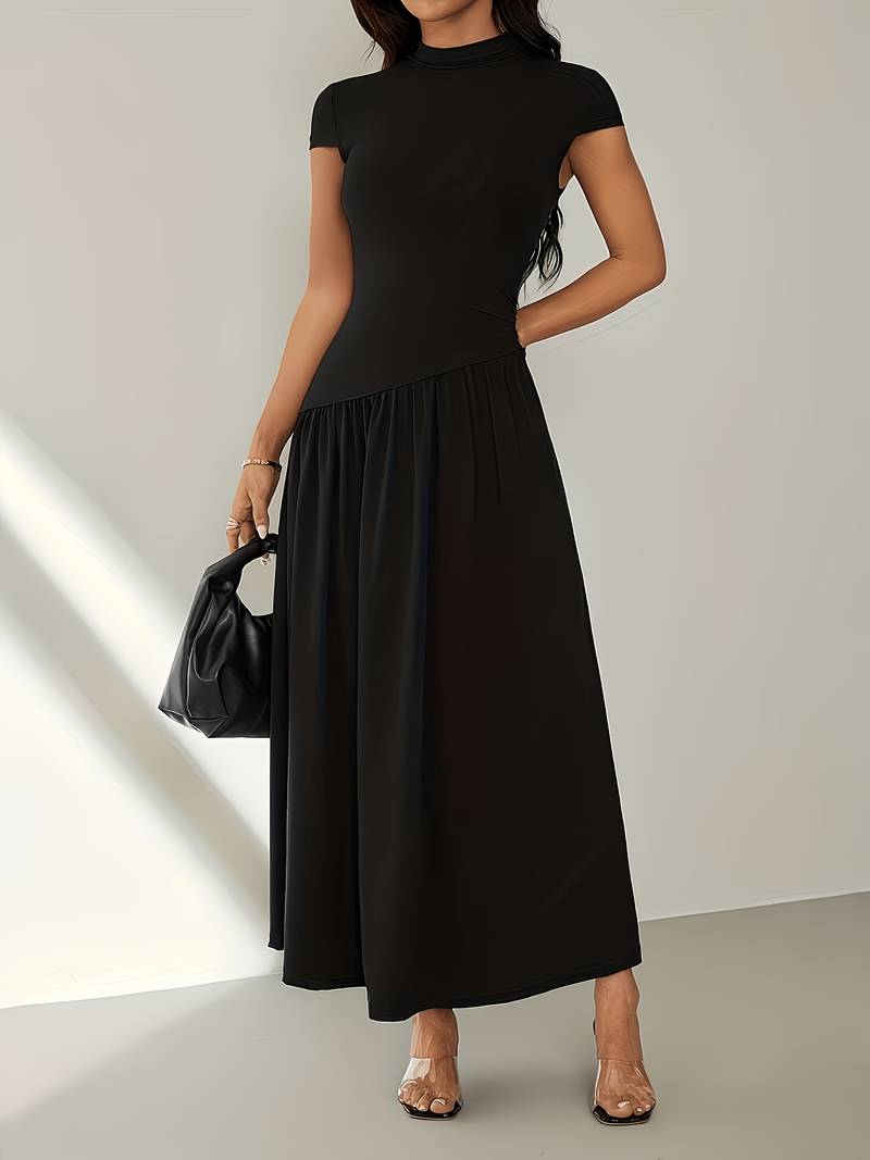 Women's Solid Color Stand Collar Puff Sleeve Pleated Long Casual Dress, Summer Dress