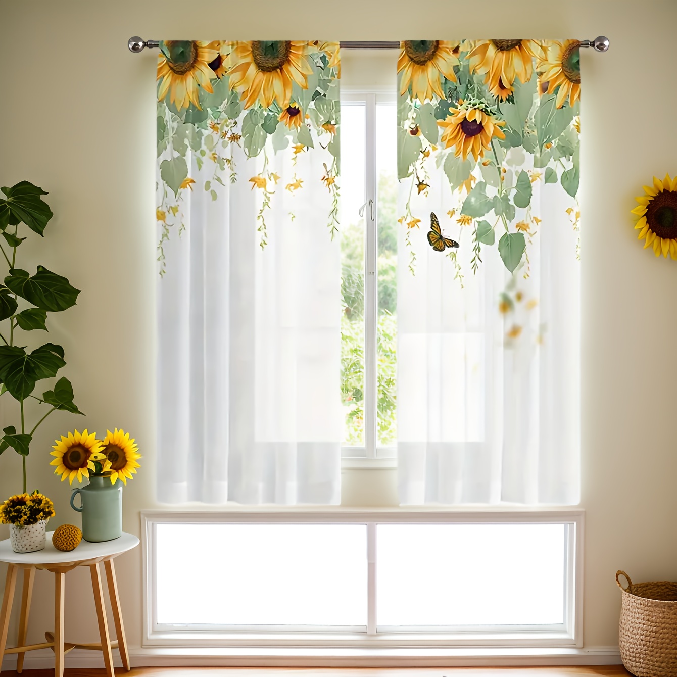 

2pcs Art Sunflower Vine Print Sheer Curtains, Light-filtering, Knitted Polyester, Machine Washable, Rod Pocket Top, With For Kitchen, Bedroom, Living Room, Decorative Floral Window Drapes