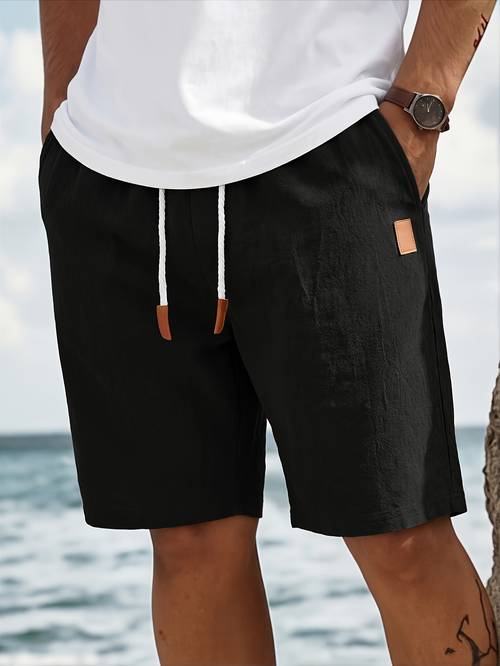 mens linen shorts summer shorts with drawstring pockets elastic waistband solid color comfortable and breathable casual daily vacation style