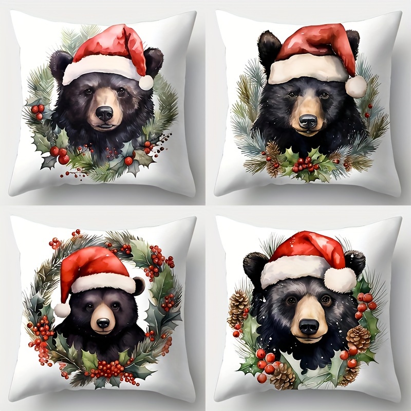 

4-pack Christmas Bear Cushion Covers, 17.7x17.7 Inches, Contemporary Style, Polyester, Zippered, Hand Wash Only, Printed Pillowcases For Sofa, Living Room Decor