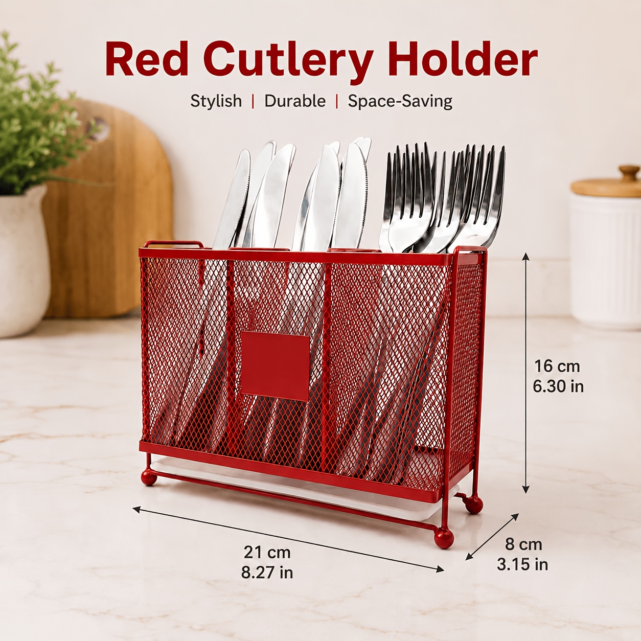 TEMU Large Capacity Mesh Cutlery Holder With Drainage Tray, 3 Slots Table Silverware Organizer, Rustproof Flatware Caddy For Kitchen Countertop