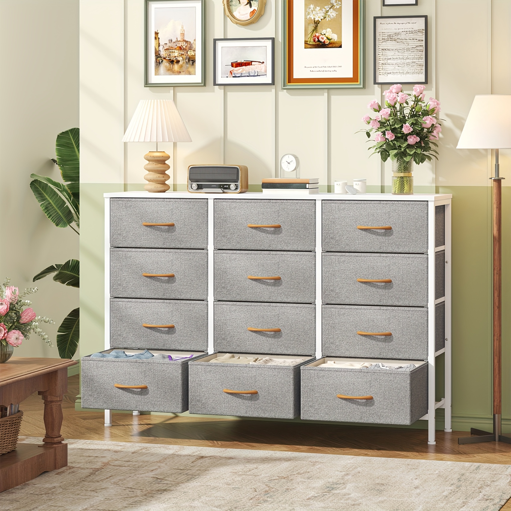 TEMU Chest Of Drawers With 12 Drawers, Wooden Frame & Golden Handles, Fabric Chest Of Drawers For Bedroom, Living Room, Hallway, Entryway