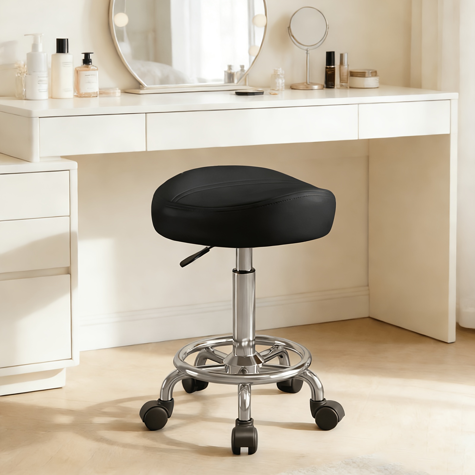 Adjustable Rolling Saddle Stool for Salons And Spas - Oval Beauty Chair on Wheels for Hair Stylists And Nail Technicians, Ideal for Salon Furniture, Spa Seating, And Comfortable Mobile Seating with Back Support