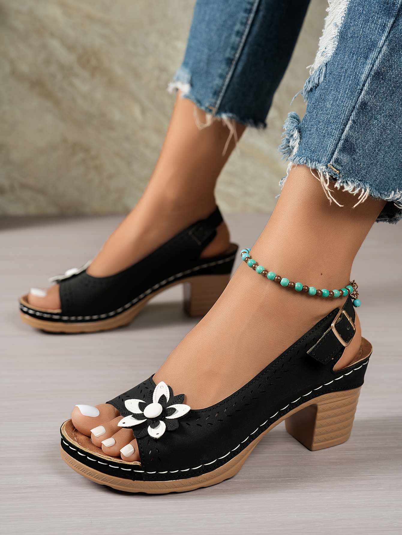 womens slip on roman bohemian high heel sandals chunky platform heels with floral cutout   toe summer   in black white   synthetic cover pu sole for casual semi formal outfits Product details 2