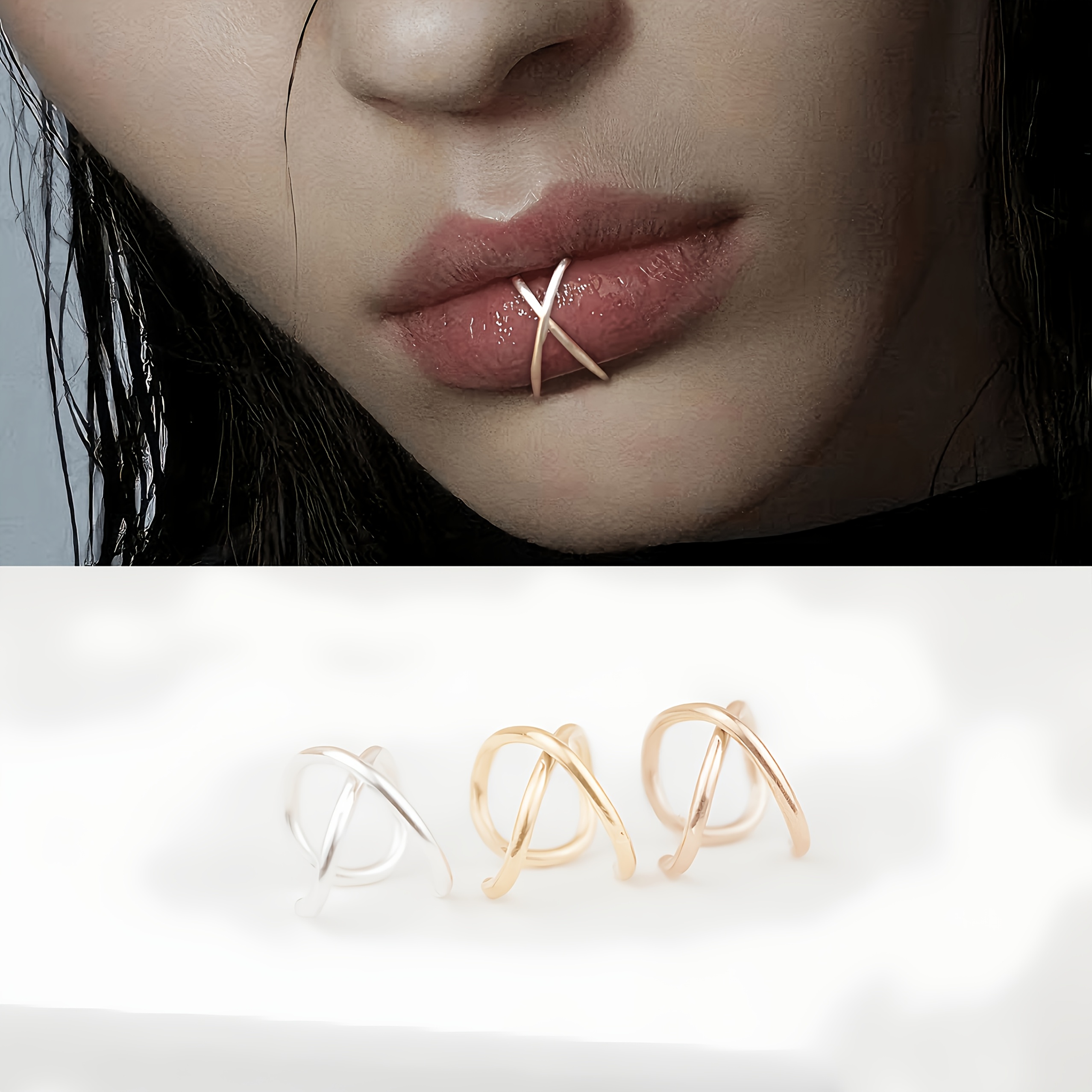 TEMU 3pcs Lip Ring Set For Men And Women, No-piercing Design, Trendy Spicy Style Lip Clamp, Hypoallergenic, No-piercing Ear Cuff, Used As A Lip Ring