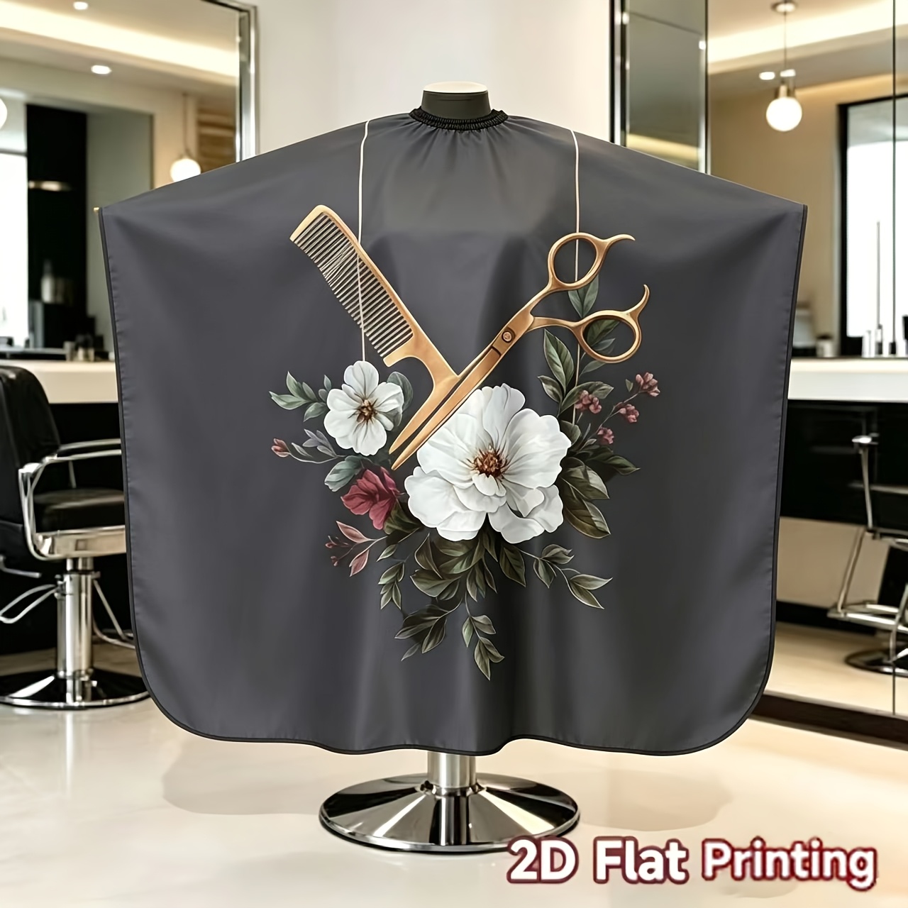 TEMU White Floral And Hair Tool Pattern Barber Cape, Professional Salon Gown With Soft Fabric, Must-have Hairdressing Apron For Stylists