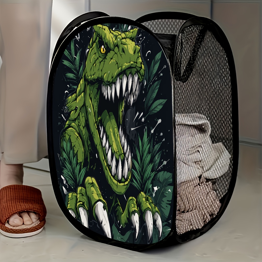 TEMU 1pc Green Dinosaur Mesh Pop-up Laundry Hamper - Portable And Space-saving For Home Use