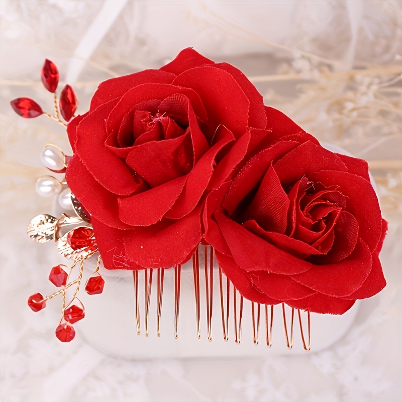 Image of Rhinestone Pearl Rose Flower Hair Comb Handmade Party Comb Bridal Wedding Hair Additions Hair Comb