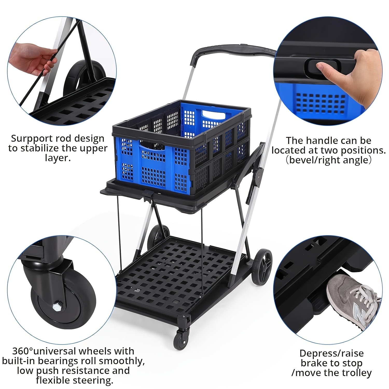 folding shopping cart with wheels collapsible cart with storage crate 2 layer utility carts platform truck high capacity storage outdoor wagon for groceries hand truck carries up to 200 lbs details 3