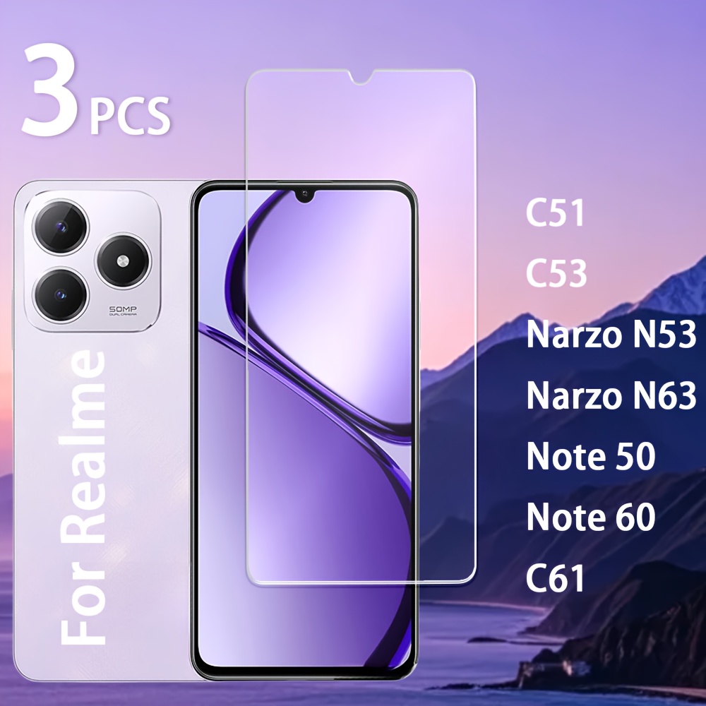 

3-Pack Protecteur d'écran en verre trempé Realme, 9H HD brillant, anti-rayures, installation facile, non gras, aux digitales, cadeau idéal pour C51/C53/ N53/ N63/Note 50/Note 60/C61