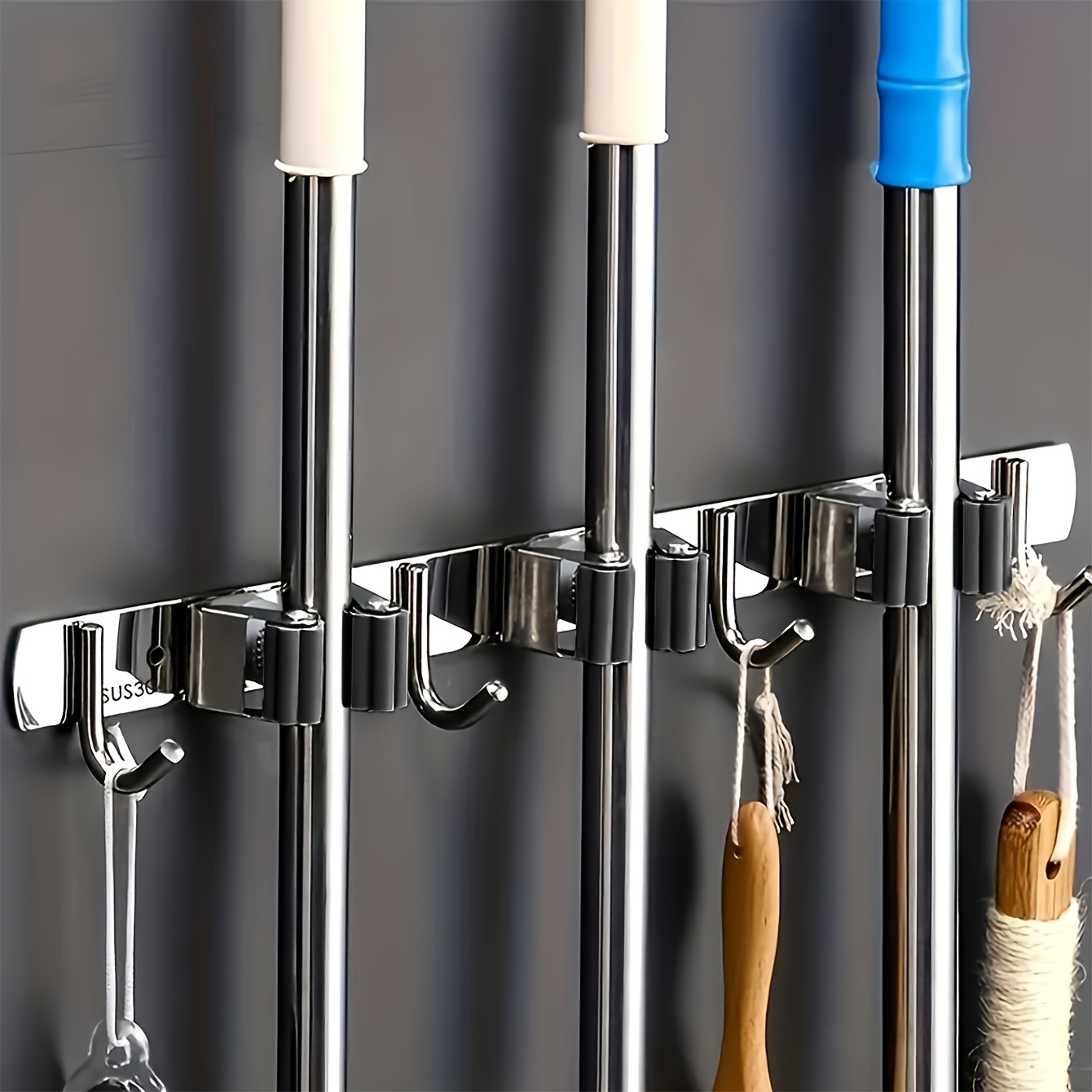 

Stainless Steel Mop & Broom Holder - Wall-mounted, Heavy-duty Hooks For Easy Storage In Kitchen, Garden, Laundry Room & Garage