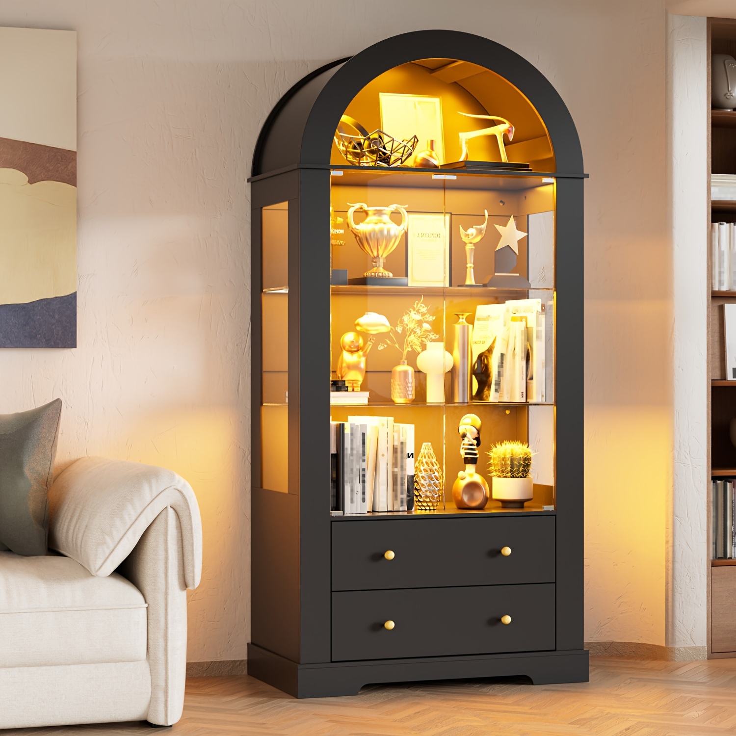 Image of 4-layer Arched Display Cabinet With Glass Doors And 2 Drawers, Multi-functional Sideboard, Adjustable Lighting Wooden Display Cabinet, Suitable For Living Room, Dining Room, Study, Game Room
