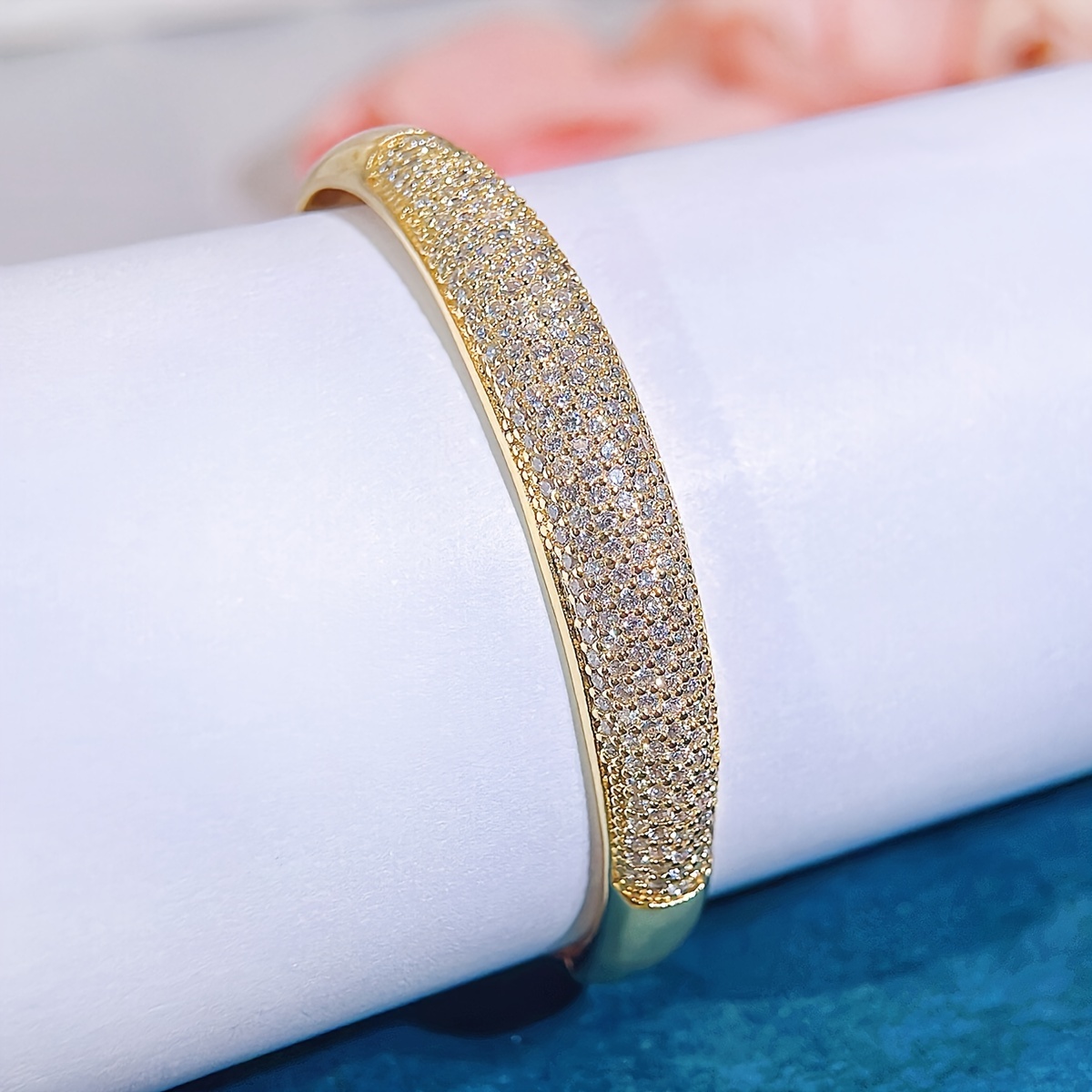 Image of 1pc Valuable Brides Wedding Golden Bangle Micro Inlaid White Tiny Bling Synthetic Synthetic Zirconia For French Style Jewelry For Engagement Banquet