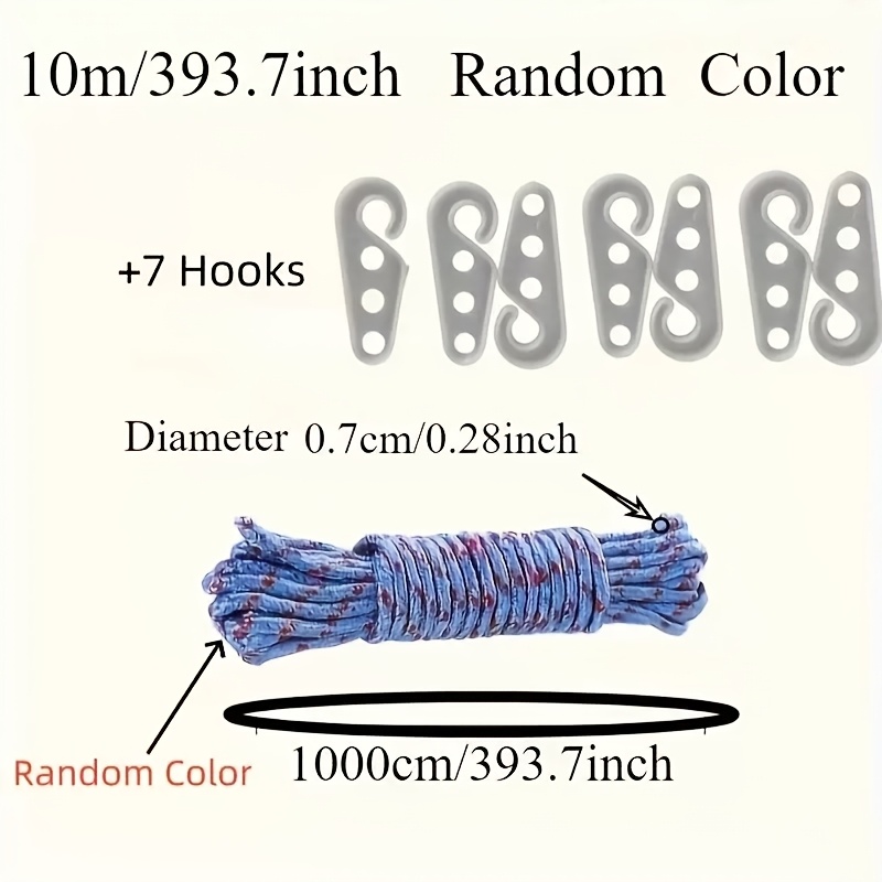 TEMU Set da 8 pezzi di corde da campeggio, (1 in nylon per uso + 7 ganci), in nylon per uso da 10 m/393,7 pollici con 7 ganci, stendibiancheria e di