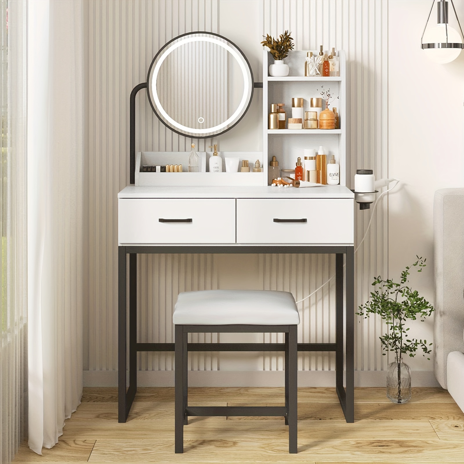 makeup table round mirrors lighting white dressing table Temu
