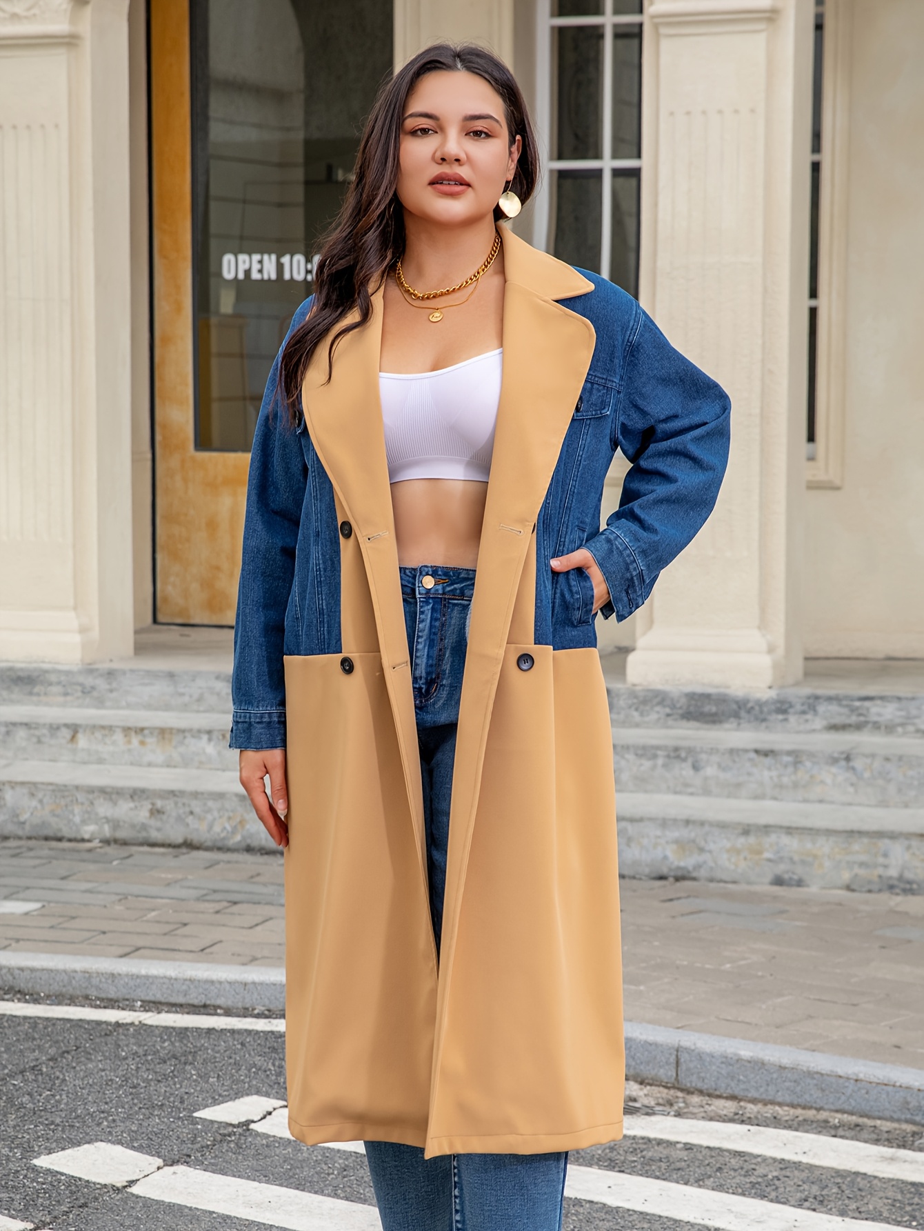 1pc Women'S Oversized Denim Trench Coat with Contrast Fur, Lapel  Collar, Double Breasted, Long Sleeve, Asymmetrical Hem, Solid