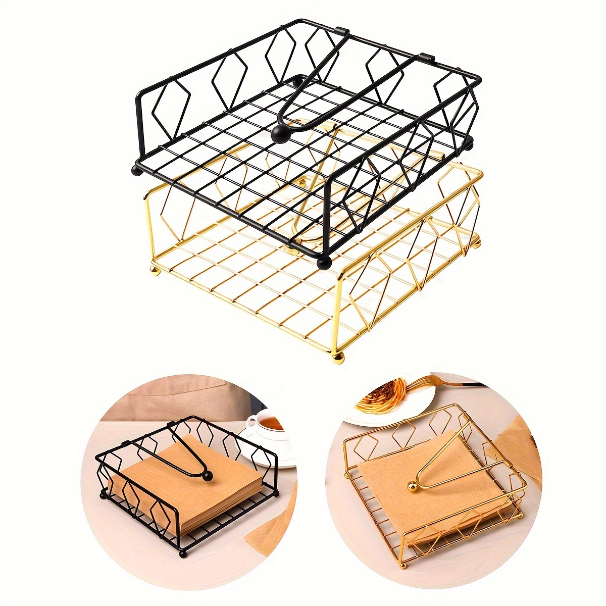 

1pc Elegant Diamond Grid Metal Tissue Holder - Black & Golden, Countertop Vertical Organizer For Kitchen, Cafe, Restaurant | Wire Mesh Design For Decorative Napkin Storage