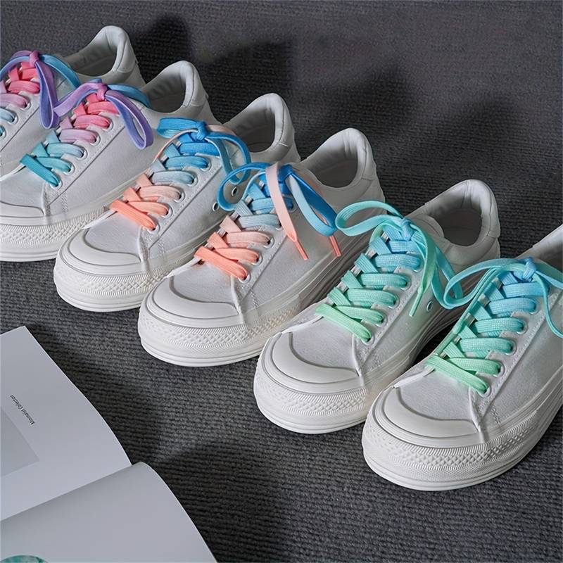 1 Paire De Lacets Colorés 1 Cm Rouge Blanc Bleu - En Toile Mélangée, Pour Chaussures Sport Et Casual