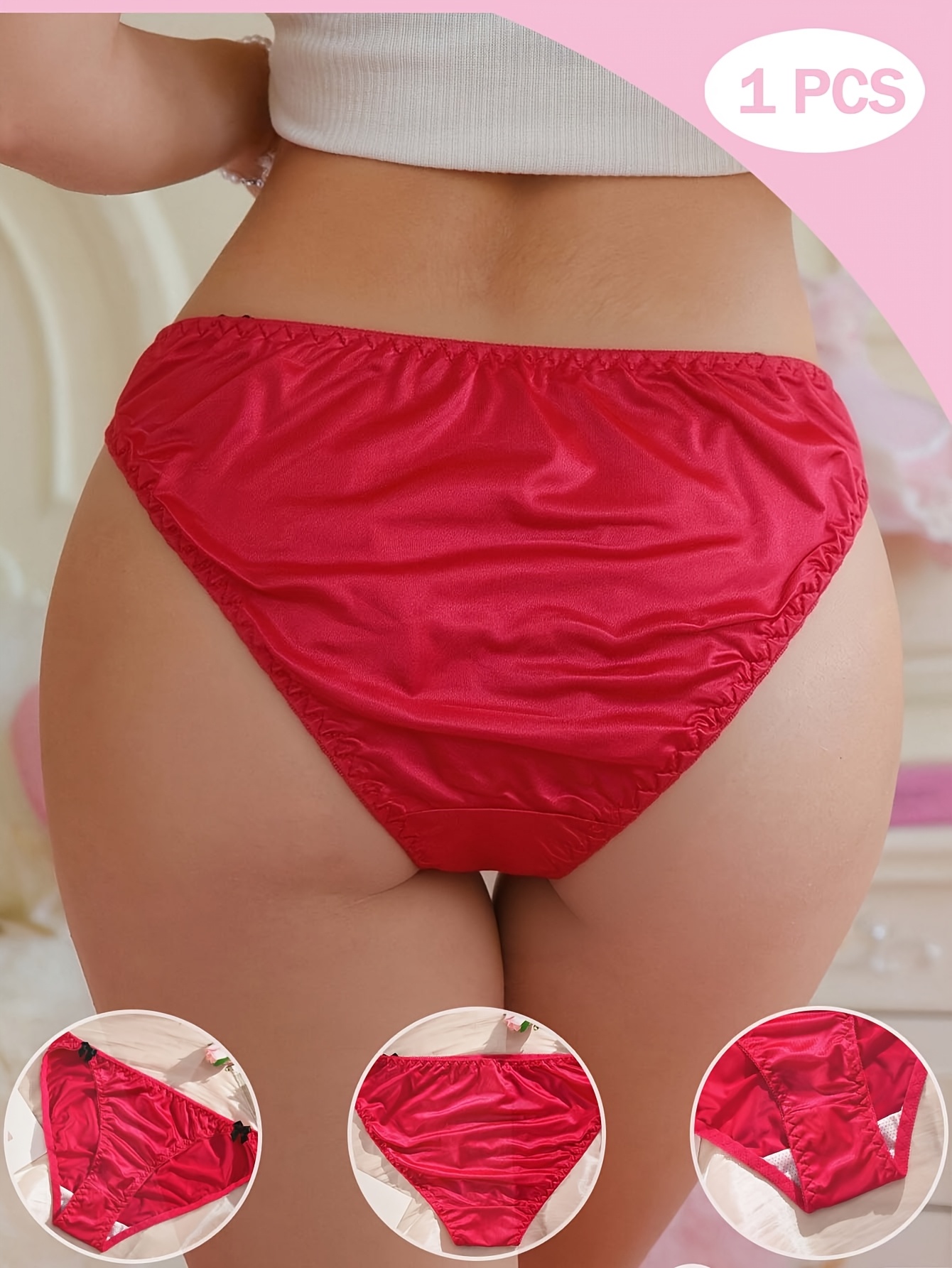 1pc Low-Rise Briefs - Satin Pleated Panties with Double Bow Waistband, Soft Skin-Friendly Suitable for Dates, Parties & Casual Attire, Solid Color Non-Sheer Underwear, Hand Washable Elegant Briefs for