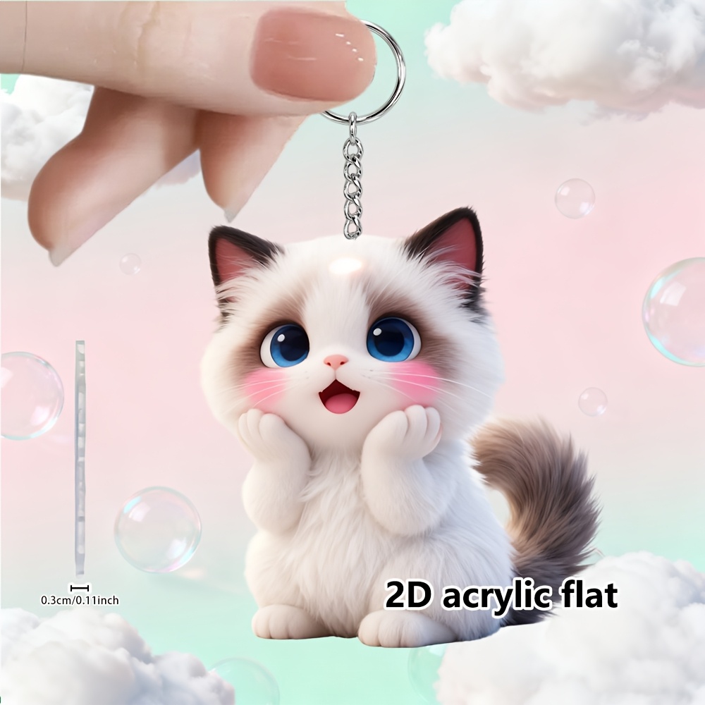 TEMU 2d Flat, 1pc Fashionable Plush Cat Themed Acrylic Keychain Pendant, Cute Cat Keychain For Men's Decoration, Adorable Cat Keyring For Women's