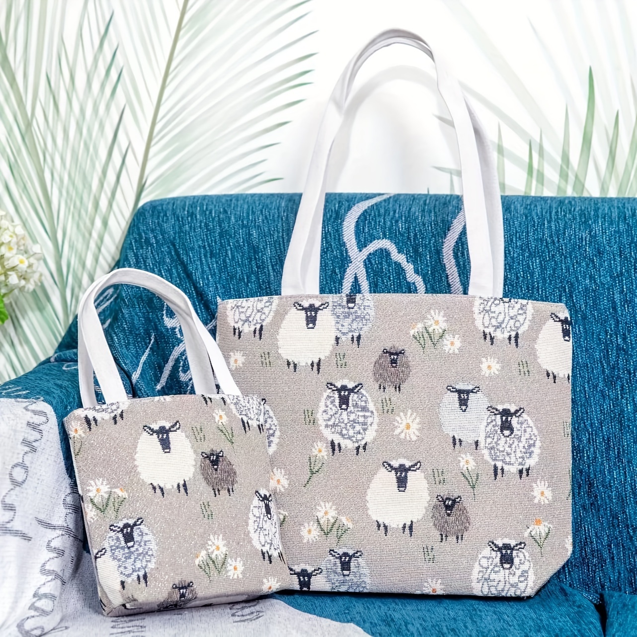 

Casual Canvas Shoulder Bag With Embroidered Cute Sheep Pattern, Light Grey Animal Theme Tote With Fixed Straps And Zipper Closure, Large Capacity Handbag With Lining, No Accessory - Hand Washable