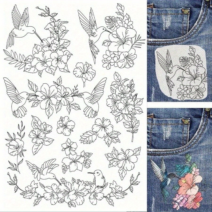 TEMU 1 Sheet Of A4 Size Water-soluble Embroidery | With 12 Creative Floral And Hummingbird Pattern Embroidery Assistive Stickers - Self-adhesive