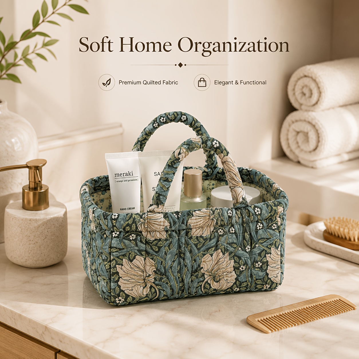 TEMU Small Fabric Storage Basket With Handle, Suitable For Vanity, Nightstand, Desktop, And Storing Cosmetics And Daily Necessities, Shelf Baskets