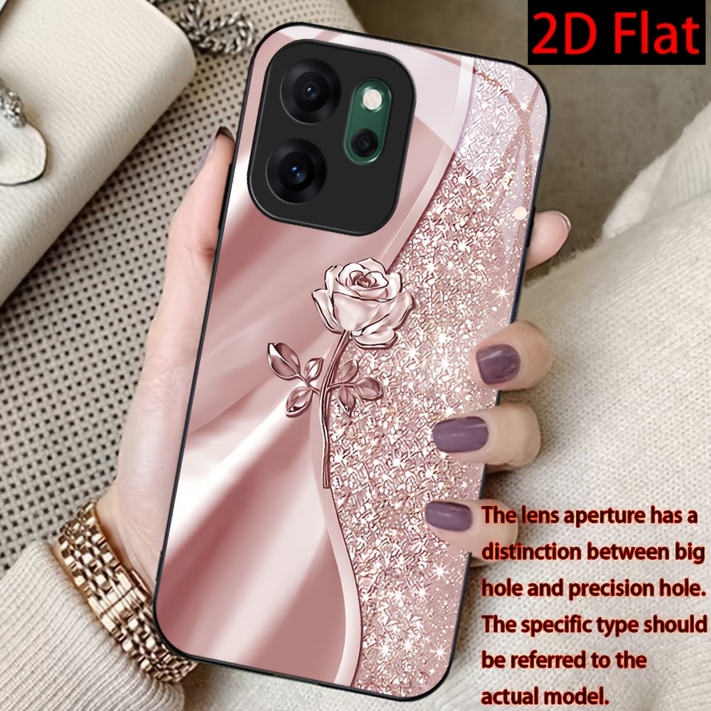 TEMU Phone Case - 2d Luxury Rose Golden Metallic Rose And Glitter Pattern Phone Case Suitable For Oppo Reno 14/13/12/11/10/pro+/pro/f,