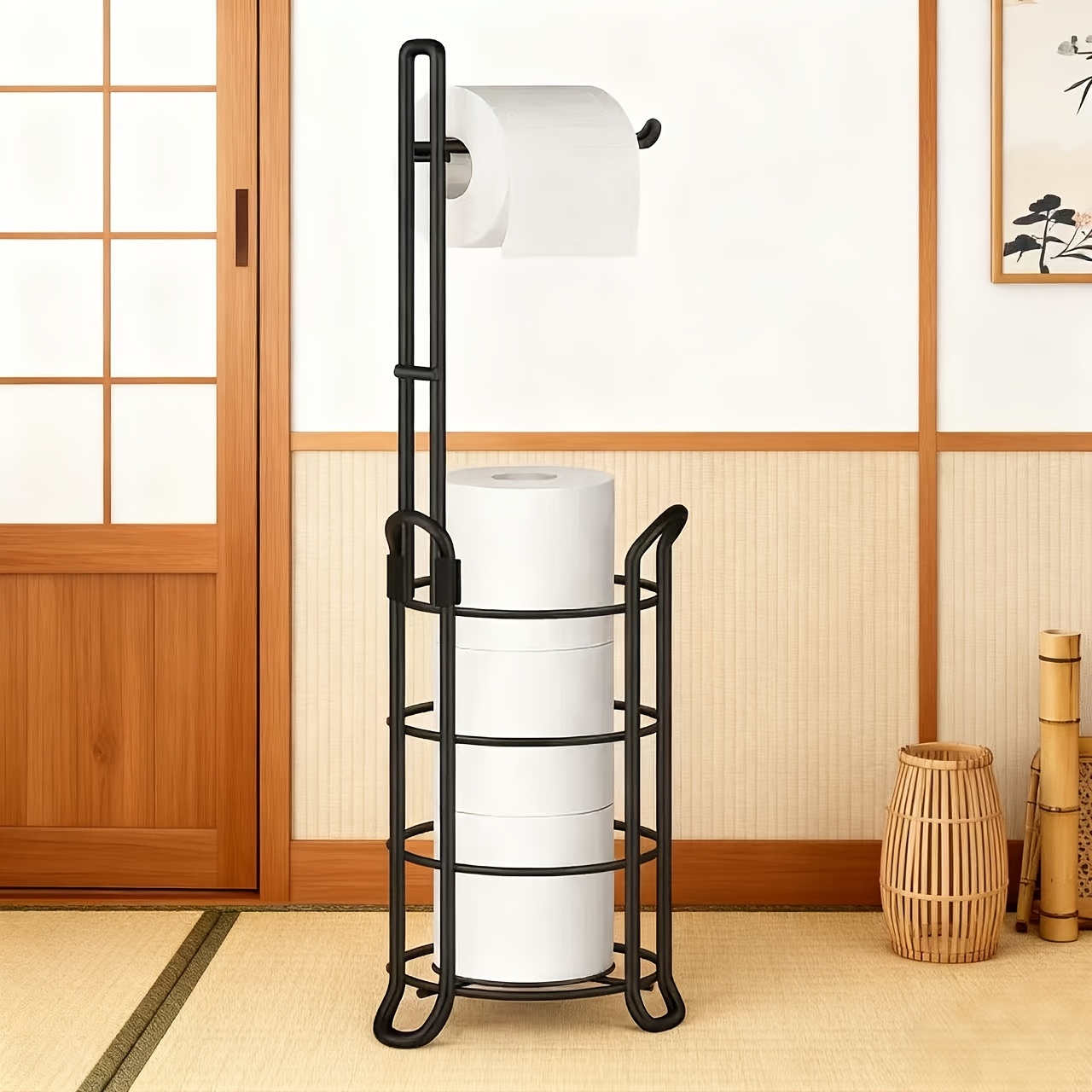 TEMU 1pc Toilet Paper Holder And Dispenser, 2026 New Freestanding Toilet Paper Holder, Toilet Paper Holder With Storage Shelf, Bathroom Toilet Paper