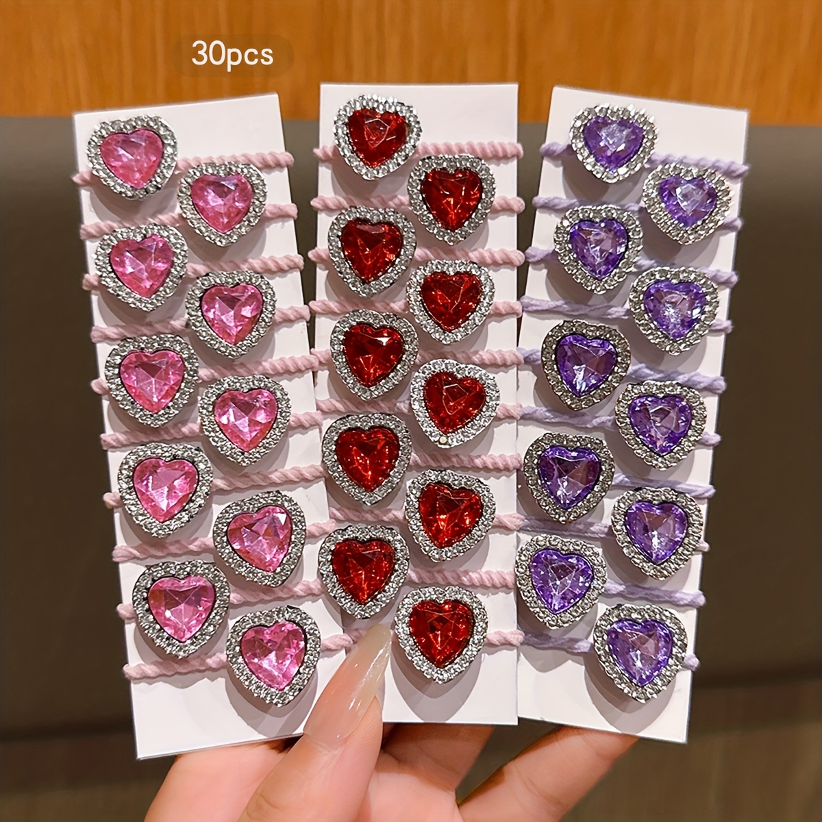 Image of 30 Purple, Pink, And Red Heart-shaped Rhinestone Hair Ties, Sweet And Versatile, Suitable For Daily Use