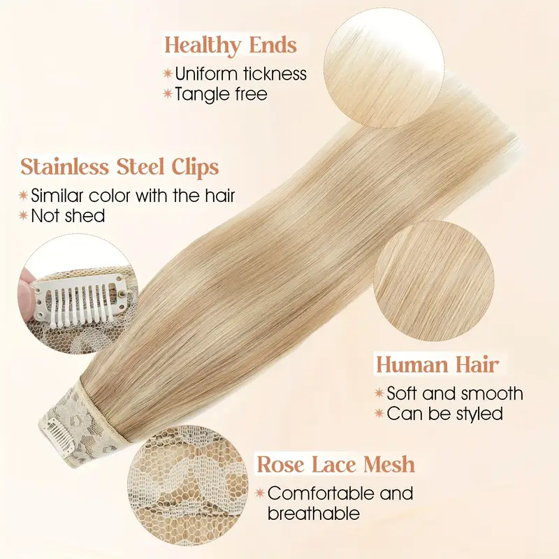 v shape clip hair extensions human hair 30.48-55.88 cm ombre blonde to caramel blonde highlight one hairpiece clip in hair extension human hair with seamless weft for women details 2