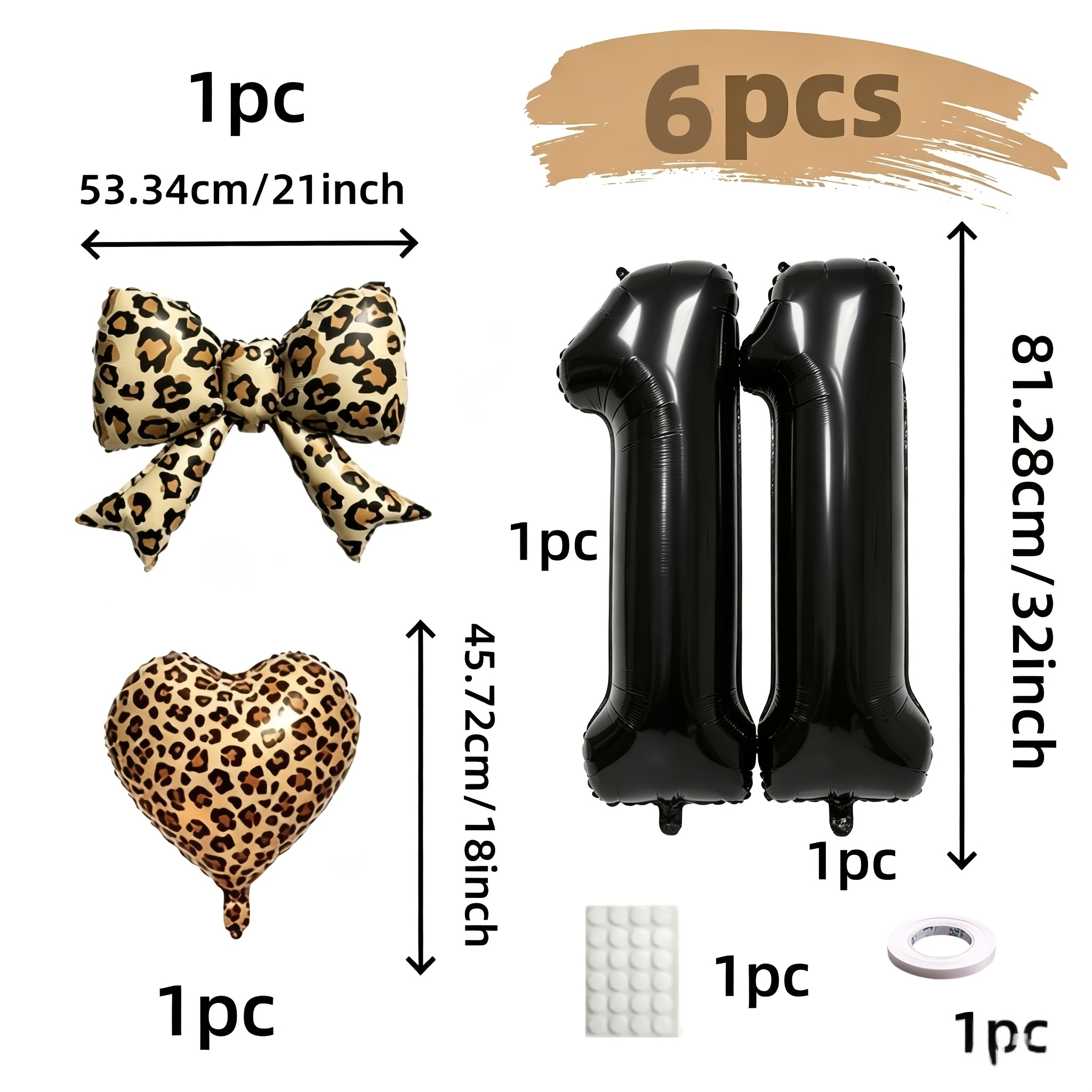 TEMU Lot de 6 ballons noirs en aluminium à double chiffre 10-21, 25, ballons noirs à double chiffre de 32 pouces avec nœud à imprimé léopard et
