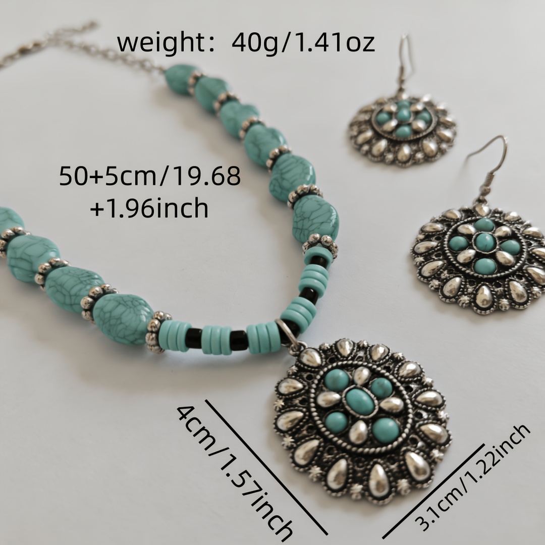 Vintage Ethnic Style Layered Necklace & Earring Set, Faux Turquoise