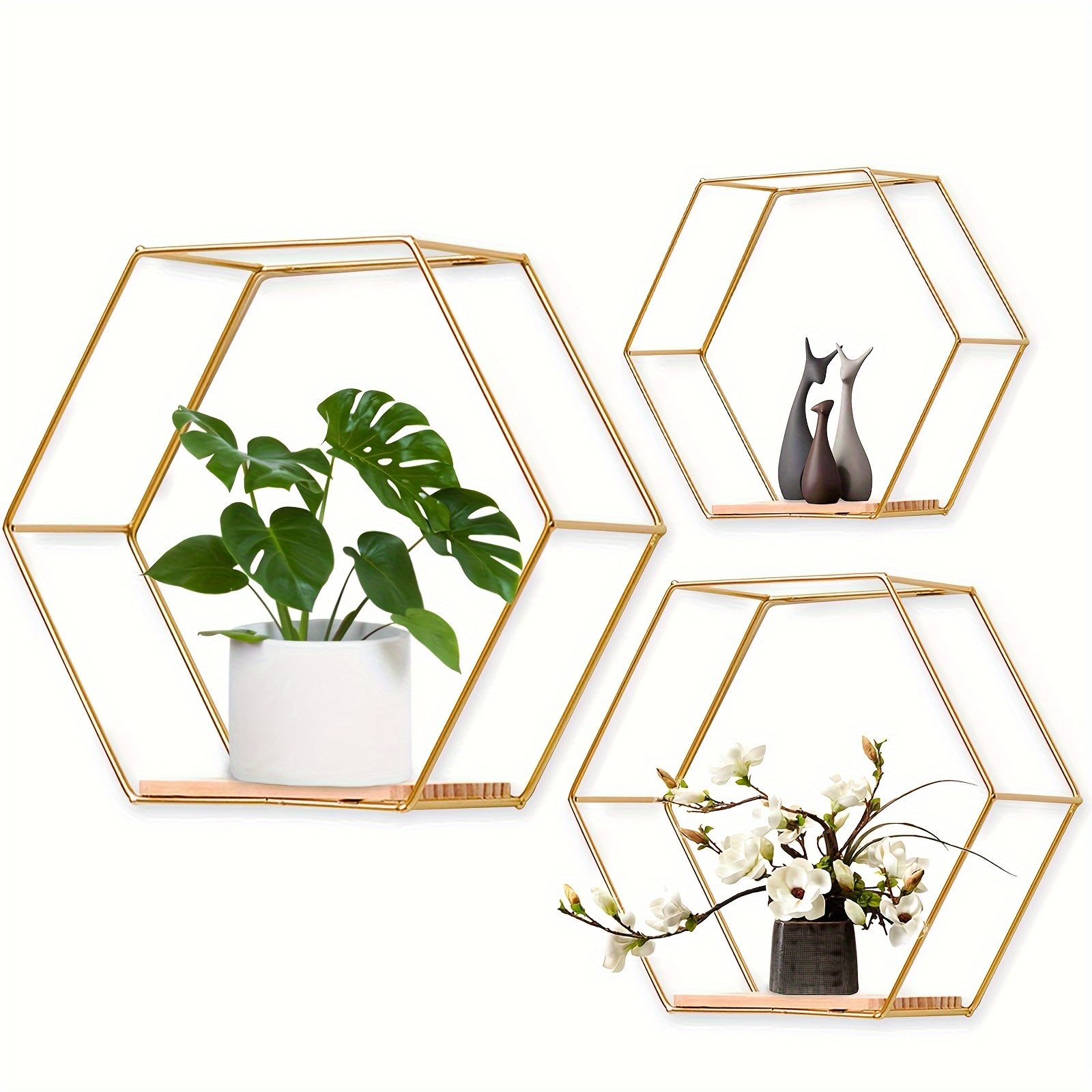 

3pcs Wall Mounted Hexagonal Floating Shelves, Modern Metal Wall Shelf, Simple Wood Partition Storage Shelves, Wall Decor Rack For Bedroom, Living Room, Kitchen And Office, Home Room Decor