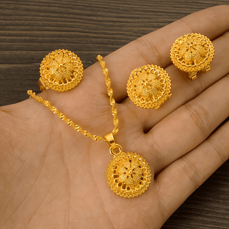 TEMU Parure de bijoux 3 pièces pour femme de style vintage comprenant un collier, des boucles d'oreilles et une bague, accessoires élégants pour