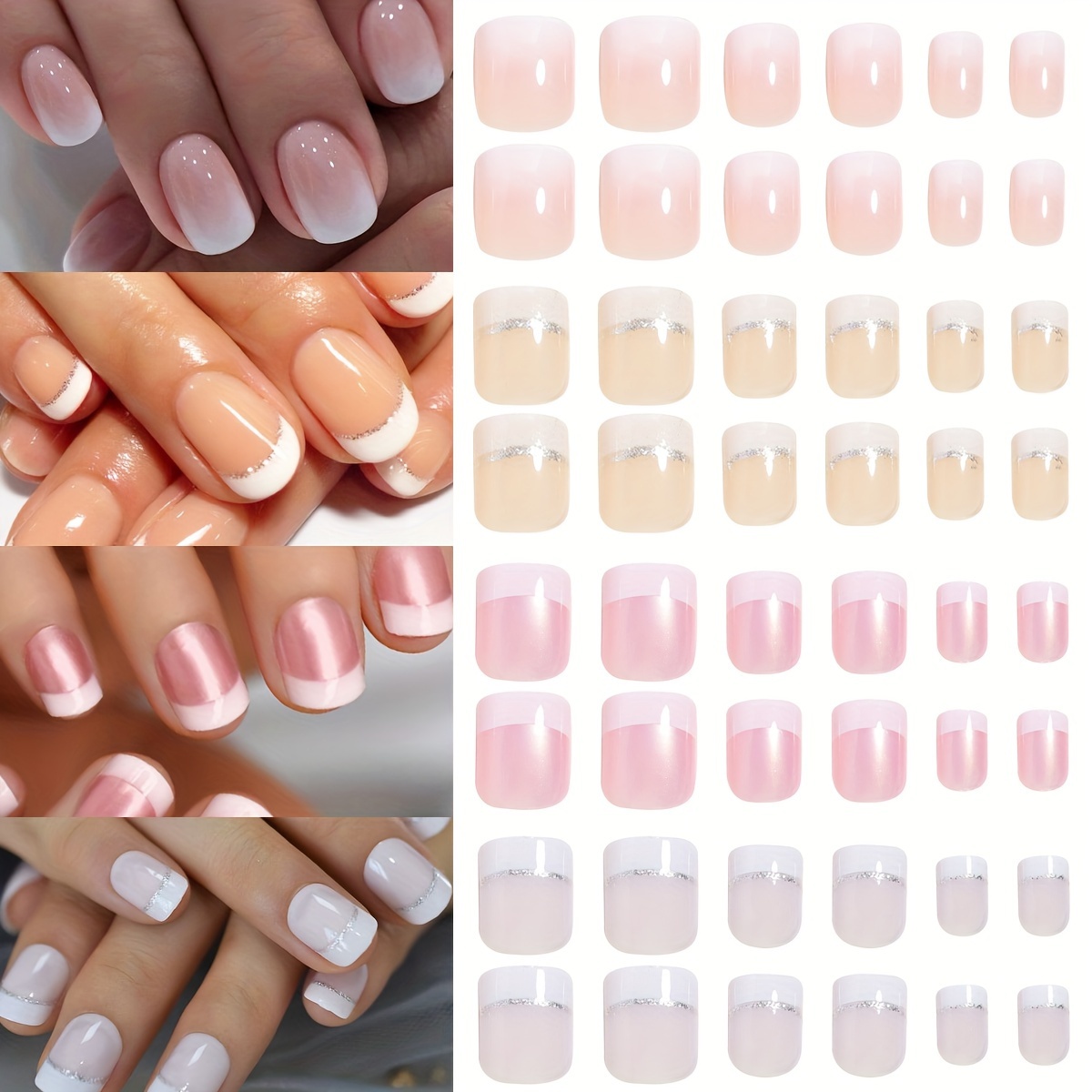 

96-piece French Gradient Press-on Nails Set - 4 Shades, Glossy Finish, Short Square False Nails For Women & Girls
