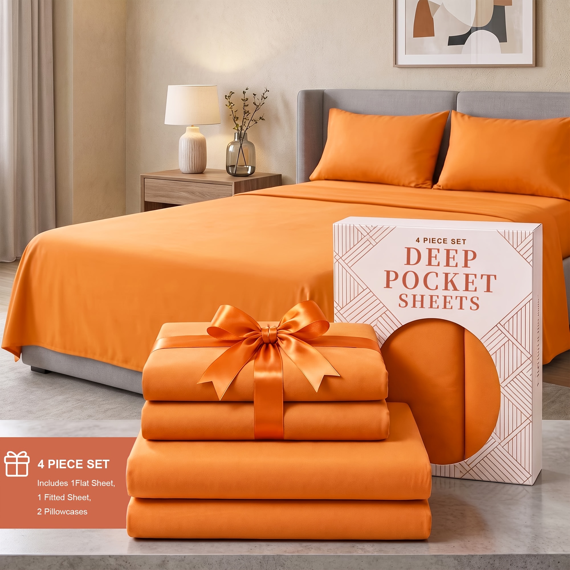 TEMU Deep Pocket Queen Bed Sheets Set, Soft Breathable Flat Sheet & Fitted Sheet With Kids Pillowcase, Bedding For Hot Sleepers, Fall Halloween