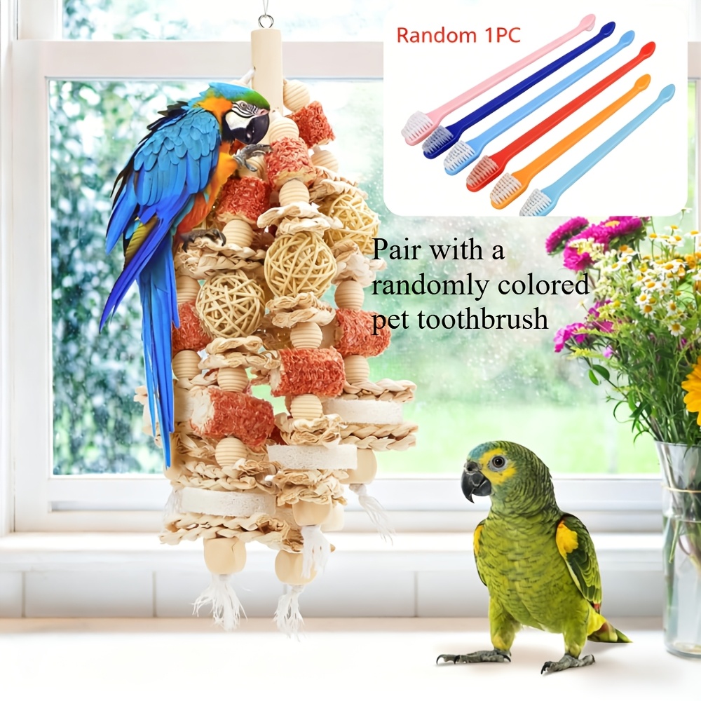 TEMU Tjy 17.5-inch Large Chewable Parrot Toy With Natural Cob & Loofah Slices - Durable Chewable Material, Hanging Cage Accessory For Large/medium