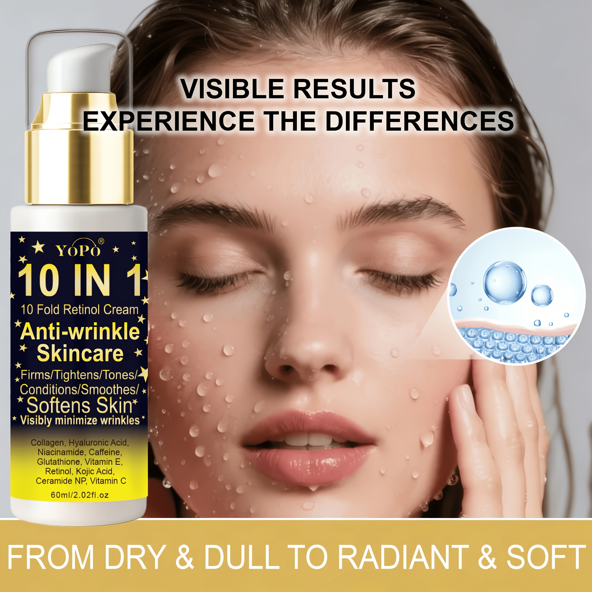 Image of 10-in-1 Instant Cream, Delivers 1-minute Firming And Lifting, Deep Hydration, Brightens , And. Contains Collagen, Retinol And Niacinamide. Alcohol-free Formula, Suitable For Types.