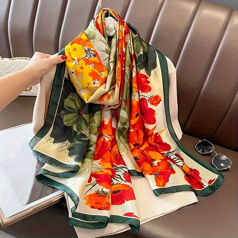 

Bohemian Satin Scarf With Yellow, Red & Green Floral Patterns - Stylish Sunscreen Shawl For Travel, Beach, Silk, Headscarf, Women's Fashion Accessories