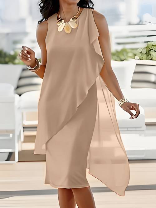 elegante onregelmatige chiffon tweedelige jurk mouwloos ronde hals rok