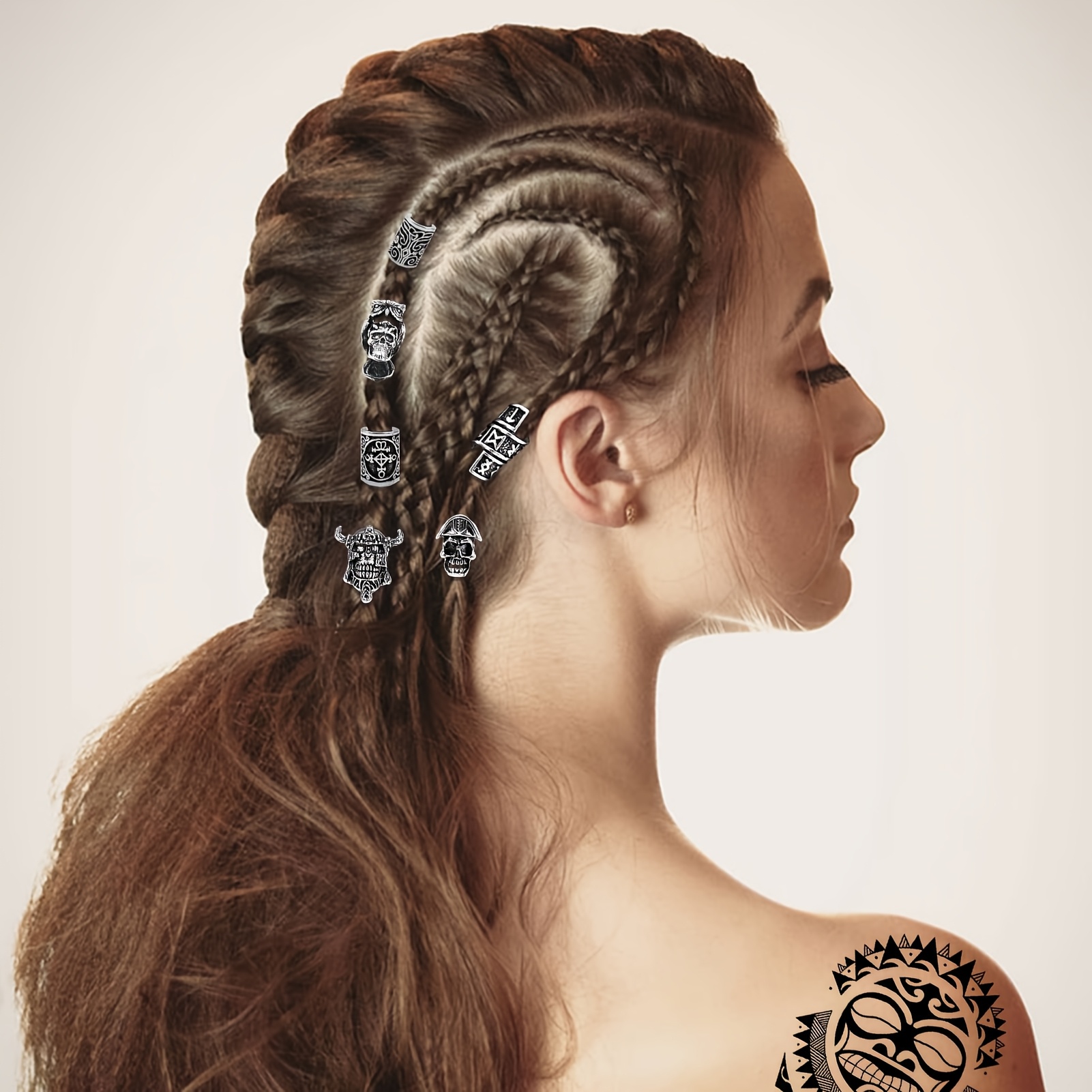 7 шт. набор аксессуаров для костюма викинга в скандинавском стиле - заколки для волос из нержавеющей стали, манжеты, спирали и кольца для мужчин и женщин -   подходит для плетения, завивки и хэллоуин-у подробные сведения 2